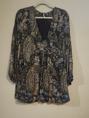 Free People Black Paisley Mini Dress with Blue & Olive Floral Motif